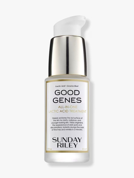 Sunday Riley Good Genes All-in-One Lactic Acid Treatment small white pump bottle on white background